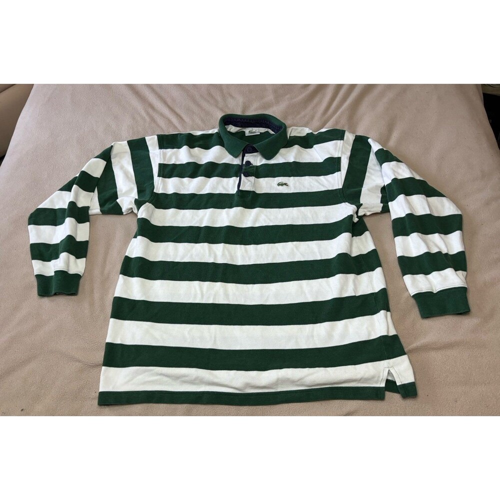 Vintage Lacoste Rugby Shirt Men’s XL Polo Green White Striped Long Sleeve